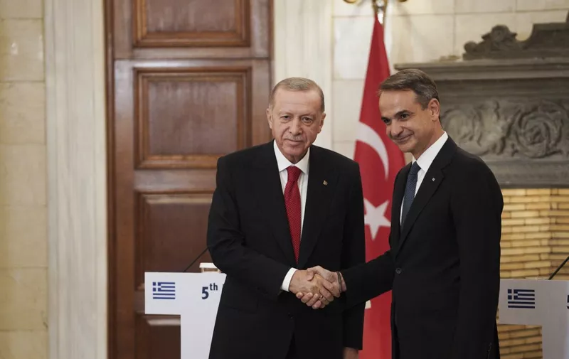 Joint statements between Greece's Prime Minister Kyriakos Mitsotakis and the President of Turkey, Recep Tayyip Erdogan at the Maximos Mansion in Athens, Greece on December 7, 2023. The Turkish president is visiting Athens on the occasion of the High-Level Cooperation Council (HLCC) meeting between Greece and Turkey that last convened in 2016 (Photo by Nick Paleologos / SOOC / SOOC via AFP)