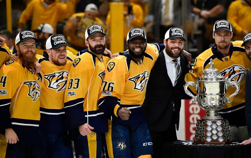 May 22, 2017; Nashville, TN, USA; The Nashville Predators celebrate with the Clarence S. Campbell Bowl after beating the Anaheim Ducks 6-3 in game six of the Western Conference Final of the 2017 Stanley Cup Playoffs at Bridgestone Arena., Image: 333253599, License: Rights-managed, Restrictions: , Model Release: no, Credit line: Profimedia, SIPA USA