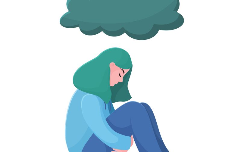 Sad, unhappy teenage girl, young woman sitting under rain, depression concept, flat vector illustration isolated on white background. Depressed, unhappy girl, woman sitting under rain cloud