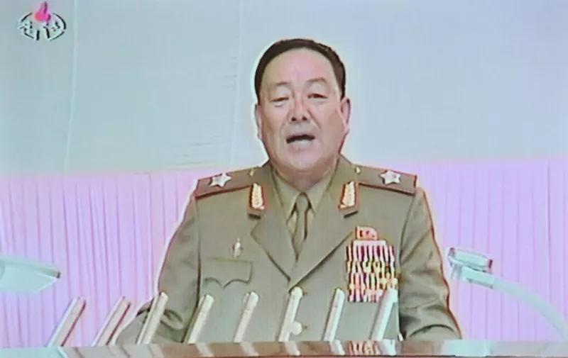 This screen grab taken from North Korean TV on July 18, 2012, Hyon Yong-Chol, chief of the General Staff of the Korean People's Army, speaks during a meeting at the April 25 House of Culture announcing North Korean leader Kim Jong Un's new title of Marshal in Pyongyang. Kim Jong-Un has been made "Marshal" of North Korea, a title previously held by his late father, Pyongyang said, as the young successor of the communist dynasty tightens his grip on power. AFP PHOTO/HO/ NORTH KOREAN TV

EDITORS NOTE --- RESTRICTED TO EDITORIAL USE - MANDATORY CREDIT " AFP PHOTO/HO/ NORTH KOREAN TV" -NO MARKETING NO ADVERTISING CAMPAIGNS - DISTRIBUTED AS A SERVICE TO CLIENTS