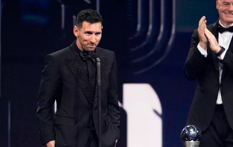 Argentina's Lionel Messi speaks after receives the Best FIFA Men's player award during the ceremony of the Best FIFA Football Awards in Paris, France, Monday, Feb. 27, 2023. (AP Photo/Michel Euler)