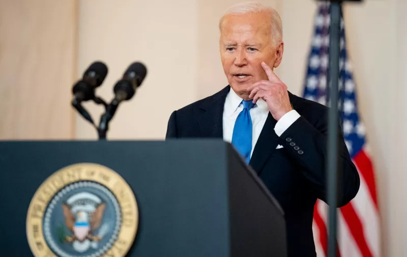 WASHINGTON, DC - JULY 1: U.S. President Joe Biden speaks to to the media following the Supreme Court's ruling on charges against former President Donald Trump that he sought to subvert the 2020 election, at the White House on July 1, 2024 in Washington, DC. The highest court ruled 6-3 that presidents have some level of immunity from prosecution when operating within their "constitutional authority," but do not have absolute immunity.   Andrew Harnik/Getty Images/AFP (Photo by Andrew Harnik / GETTY IMAGES NORTH AMERICA / Getty Images via AFP)