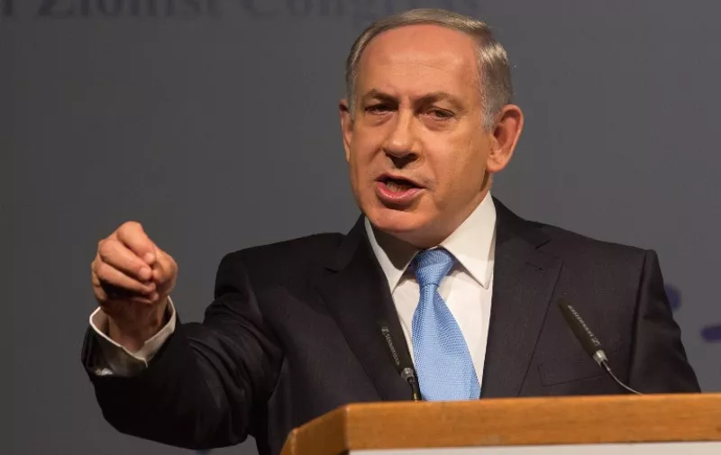 Israeli Prime Minister Benjamin Netanyahu addresses international Jewish leaders during the 37th Zionist congress in Jerusalem on October 20, 2015. AFP PHOTO / MENAHEM KAHANA