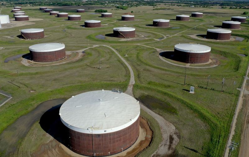 CUSHING, OKLAHOMA - APRIL 23: An aerial drone view of a crude oil storage facility on April 23, 2020 in Cushing, Oklahoma. Crude oil prices plummeted into negative territory this week with the lack of demand partly due to travel restrictions currently in place across the United States due to the coronavirus (COVID-19) pandemic.   Tom Pennington/Getty Images/AFP