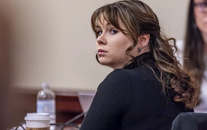 SANTA FE, NEW MEXICO - MARCH 06: Hannah Gutierrez-Reed, former armorer for the movie "Rust," listens to closing arguments in her trial at district court on March 6, 2024 in Santa Fe, New Mexico. Gutierrez-Reed, who was working as the armorer on the movie "Rust" when a revolver actor Alec Baldwin was holding fired, killing cinematographer Halyna Hutchins and wounding the film's director Joel Souza, was found guilty of involuntary manslaughter but acquitted on charges of tampering with evidence. She could face up to 18 months in prison.   Luis Sánchez Saturno - Pool/Getty Images/AFP (Photo by POOL / GETTY IMAGES NORTH AMERICA / Getty Images via AFP)