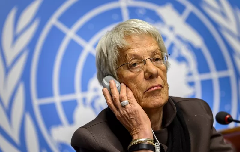Member of the United Nations (UN) Commission of Inquiry on Syria, Carla del Ponte attends a press conference on March 17, 2015 in Geneva. UN investigators offered to share names from secret lists of alleged Syria war criminals with prosecutors to help end the "culture of impunity" in the country.    AFP PHOTO / FABRICE COFFRINI