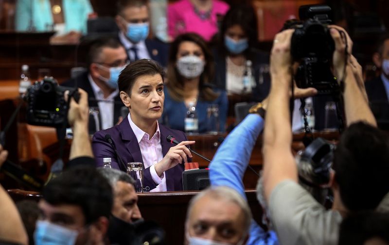 Serbia's designated Prime Minister Ana Brnabic prepares to announce her government program after Serbia's parliament voted a new cabinet at the National Assembly building in Belgrade on October 28, 2020, four months after elections. (Photo by Oliver BUNIC / AFP)