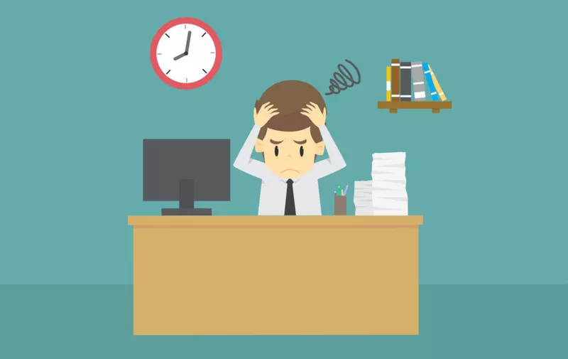 Businessman strain very headache on office table work hard.cartoon of business success is the concept of the man characters business, the mood of people,background, infographic. illustration vector