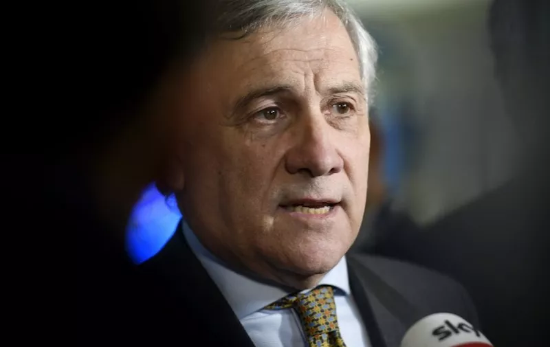 European Parliament President Antonio Tajani talks to reporters at the European People's Party (EPP) congress in Helsinki, Finland, on November 7, 2018. - EPP, the largest political family in the European Union (EU), are to elect their lead candidate, the 'spitzenkandidat' for the 2019 European elections, at the congress. (Photo by Heikki Saukkomaa / Lehtikuva / AFP) / Finland OUT