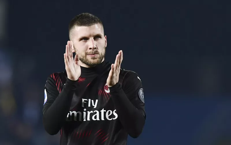 AC Milan's Croatian forward Ante Rebic applauds at the end of the Italian Serie A football match between Brescia and AC Milan on January 24, 2020 at the Mario Rigamonti stadium in Brescia. (Photo by MIGUEL MEDINA / AFP)