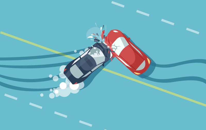 Vector of two car accident top view of vehicle collision on blue background