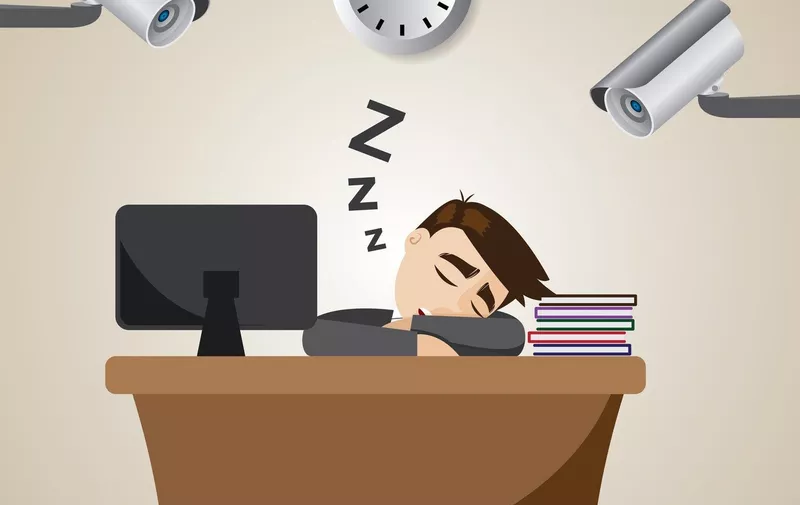 illustration of cartoon businessman sleeping at working time with CCTV, Image: 197922404, License: Royalty-free, Restrictions: , Model Release: no, Credit line: Profimedia, Stock Budget