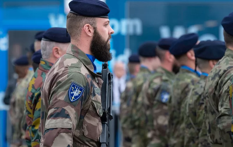 Soldiers of a Eurocorps detachment stand during the open day at the European Parliament in Strasbourg, eastern France, on May 19, 2019, one week ahead of upcoming European elections. European elections will be held from May 22 to 26, 2019. (Photo by PATRICK HERTZOG / AFP)