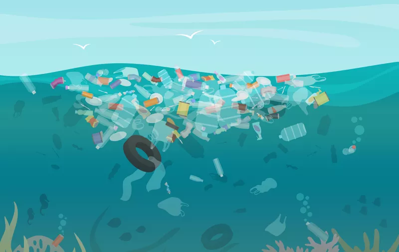 Plastic pollution trash underwater sea with different kinds of garbage - plastic bottles, bags, wastes floating in water. Sea ocean water pollution concept vector illustration