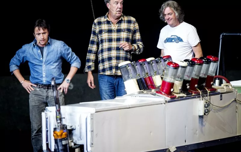 (From L) British presenters Richard Hammond, Jeremy Clarkson and James May are  pictured during the rehearsal of Top Gear Live at the Ziggo Dome in Amsterdam on April 26, 2013. The presenters of the BBC television program are back with their show in Amsterdam after three years. AFP PHOTO / ANP - KOEN VAN WEEL = netherlands out / AFP PHOTO / ANP / Koen van Weel