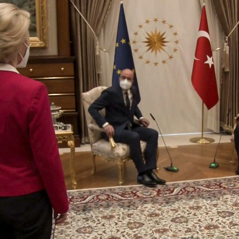 This video frame grab taken from footage released by The Turkish Presidency on April 6, 2021, shows Turkish President Recep Tayyip Erdogan (R) receiving EU Council President Charles Michel (C) and President of EU Commission Ursula von der Leyen (L) at the Presidential Complex in Ankara. - The European Commission hit out April 7, 2021, at a diplomatic snub that left its head Ursula von der Leyen without a chair as male counterparts sat down at a meeting with Turkish President Recep Tayyip Erdogan. Video from the April 6, 2021, encounter in Ankara showed von der Leyen flummoxed as the Turkish leader and European Council president Charles Michel took the only two chairs in front of their flags. (Photo by - / various sources / AFP) / RESTRICTED TO EDITORIAL USE - MANDATORY CREDIT "AFP PHOTO /TURKISH PRESIDENTIAL PRESS SERVICE " - NO MARKETING - NO ADVERTISING CAMPAIGNS - DISTRIBUTED AS A SERVICE TO CLIENTS