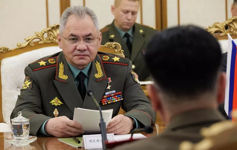 PYONGYANG, NORTH KOREA - JULY 26: (----EDITORIAL USE ONLY - MANDATORY CREDIT - RUSSIAN DEFENSE MINISTRY / HANDOUT' - NO MARKETING NO ADVERTISING CAMPAIGNS - DISTRIBUTED AS A SERVICE TO CLIENTS----) Russian Defense Minister Sergei Shoigu (L) meets with North Korean Defense Minister Kang Sun-nam (R) in Pyongyang, North Korea on July 26, 2023. Russian Defense Ministry / Handout / Anadolu Agency (Photo by Russian Defense Ministry / Hando / ANADOLU AGENCY / Anadolu Agency via AFP)