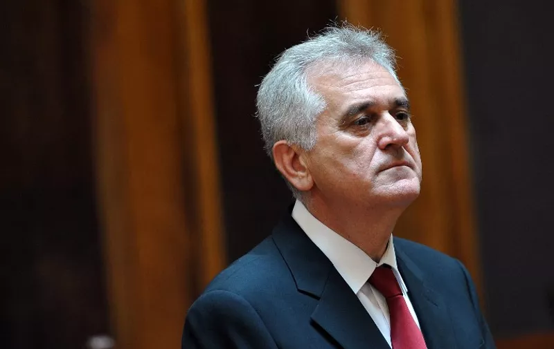 The new Serbian President Tomislav Nikolic gives a press conference at the National assembly building in Belgrade on May 31, 2012.  Tomislav Nikolic, sworn in as Serbian president Thursday, said he wanted Serbia to join the EU but stressed that Belgrade would never give up its claim to breakaway Kosovo.  AFP PHOTO / ANDREJ ISAKOVIC