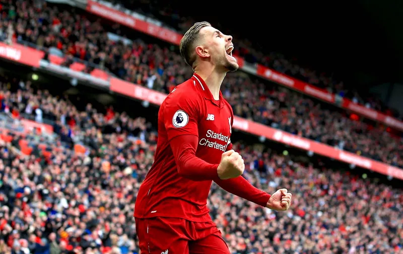 single club/league/player publications/services. Jordan Henderson of Liverpool celebrates his teams opening goal 1-0 Liverpool v Chelsea, Premier League, Football, Anfield, Liverpool, UK &#8211; 14 Apr 2019, Image: 426159815, License: Rights-managed, Restrictions: EDITORIAL USE ONLY No use with unauthorised audio, video, data, fixture lists (outside the EU), club/league logos or &#8220;live&#8221; services. Online in-match use limited [&hellip;]