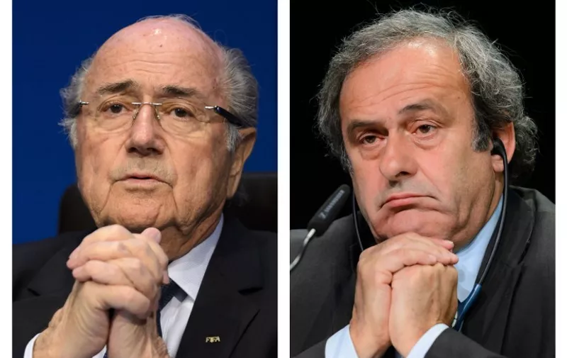 (FILES)-- A combination made on October 29, 2015 shows Fifa president president Sepp Blatter (L) on May 30, 2015 in Zurich and UEFA leader Michel Platini on May 28, 2015 in Zurich. The FIFA ethics committee probing allegations of corruption against suspended president Sepp Blatter and his would-be successor, Michel Platini, has requested that sanctions be levelled against both men, a statement said on November 21, 2015. AFP PHOTO / STEPHANE DE SAKUTIN / AFP / -