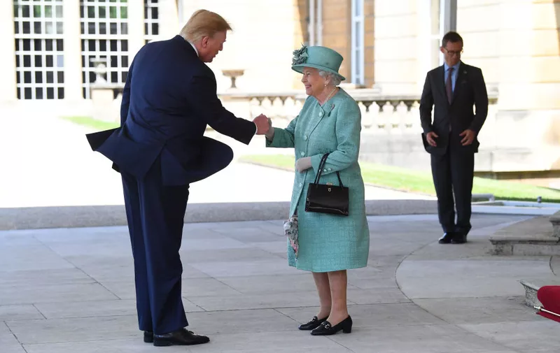 LONDON, ENGLAND - JUNE 03:  U.S. President Donald Trump is greeted by Queen Elizabeth II at Buckingham Palace on June 3, 2019 in London, England. President Trump's three-day state visit will include lunch with the Queen, and a State Banquet at Buckingham Palace, as well as business meetings with the Prime Minister and the Duke of York, before travelling to Portsmouth to mark the 75th anniversary of the D-Day landings.  (Photo by Victoria Jones - WPA Pool/Getty Images)