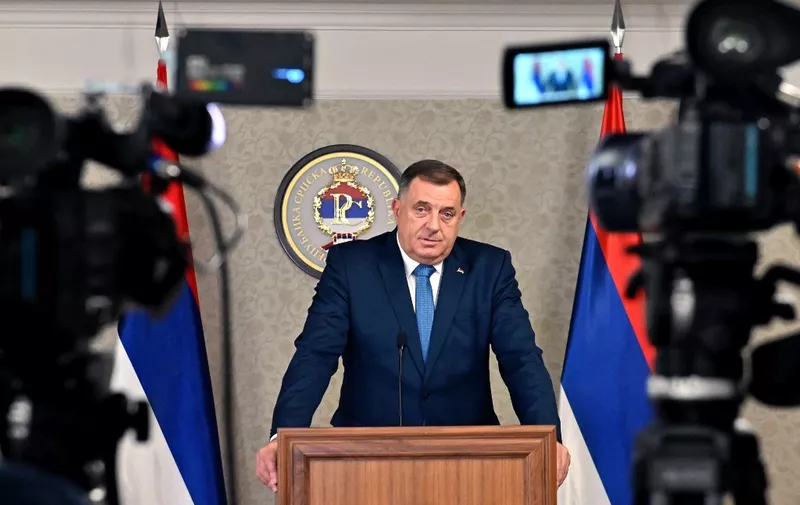 Milorad Dodik, leader of the Union of Independent Social Democrats (SNSD) party, the most influential political party in Bosnian-Serb dominated entity of Republika Srpska, addresses media, on October 27, 2022, after Central Electoral Commission anounced the results of counting and re-validateing ballots after Bosnia and Herzegovina's general elections, held on October 2. - Dodik won the election for the position of the President of Republika Srpska entity of Bosnia and Herzegovina. (Photo by ELVIS BARUKCIC / AFP)