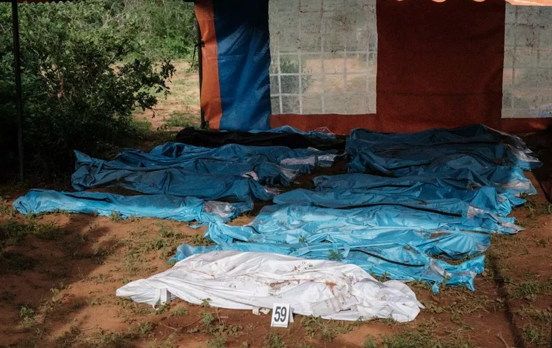 (FILES) In this file photo taken on April 25, 2023 Exhumed bodies in bodybags are displayed on the ground prior to a transport to the mortuary, at the mass-grave site in Shakahola, outside the coastal town of Malindi. The death toll in an investigation linked to a Kenyan cult that practised starvation has climbed to 201, as investigators on May 13, 2023 unearthed 22 more bodies from a coastal forest, a government official said. (Photo by Yasuyoshi CHIBA / AFP)