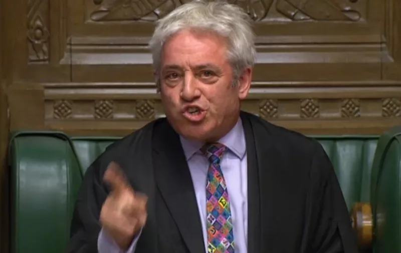 A video grab from footage broadcast by the UK Parliament's Parliamentary Recording Unit (PRU) shows Britain's speaker of the House of Commons John Bercow as he makes a statement relating to the speaks in the House of Commons in London on October 21, 2019, on the European Union (EU) Withdrawal Act 2018 Motion. - UK Parliament Speaker John Bercow blocked British Prime Minister Boris Johnson from holding a vote Monday on his new Brexit divorce deal after MPs failed to back it on Saturday. "The motion will not be debated today as it would be repetitive and disorderly to do so," Bercow told lawmakers in the House of Commons. (Photo by HO / various sources / AFP) / RESTRICTED TO EDITORIAL USE - MANDATORY CREDIT " AFP PHOTO / PRU " - NO USE FOR ENTERTAINMENT, SATIRICAL, MARKETING OR ADVERTISING CAMPAIGNS