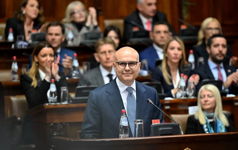 Serbia's newly appointed Prime Minister, Milos Vucevic presents a plan for the new government to the members of the Parliament in Belgrade, on May 1, 2024. (Photo by OLIVER BUNIC / AFP)