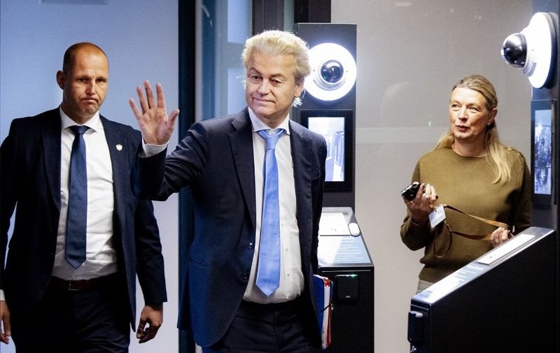 PVV leader Geert Wilders gestures after a conversation with informant in The Hague on January 24 2024, as representatives of the PVV, VVD, NSC and BBB factions negotiate the cabinet formation. (Photo by Ramon van Flymen / ANP / AFP) / Netherlands OUT