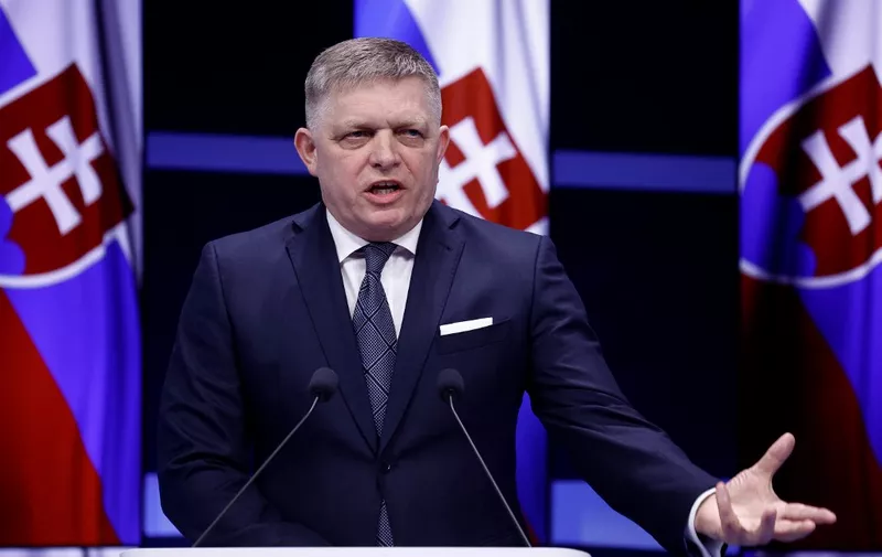 Slovakia's Prime Minister Robert Fico delivers a speech during the International Atomic Energy Agency (IAEA) Nuclear Energy Summit at the Brussels Expo convention centre in Brussels on March 21, 2024. (Photo by KENZO TRIBOUILLARD / AFP)