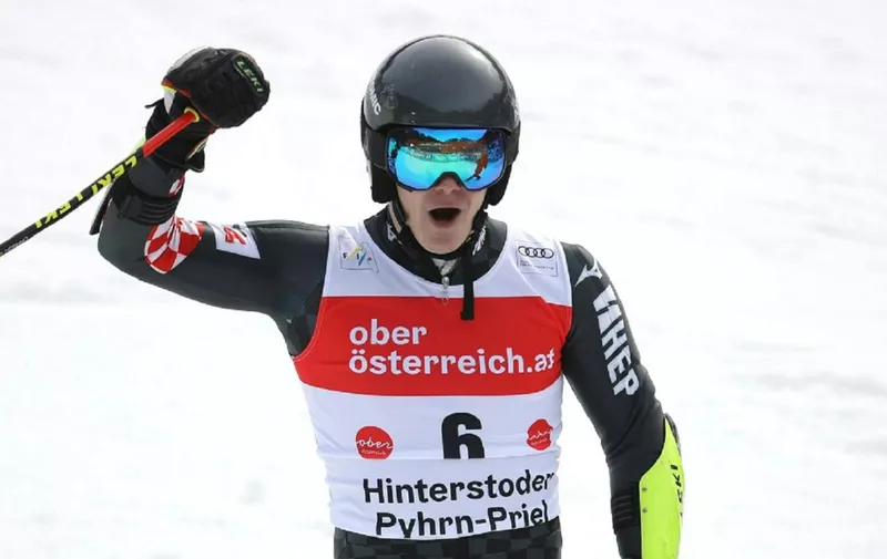 Second placed Filip Zubcic of Croatia reacts in the finish area after the second run of the men's giant slalom of the FIS Ski World Cup in Hinterstoder, Austria, on March 2, 2020. (Photo by Johann GRODER / various sources / AFP) / Austria OUT