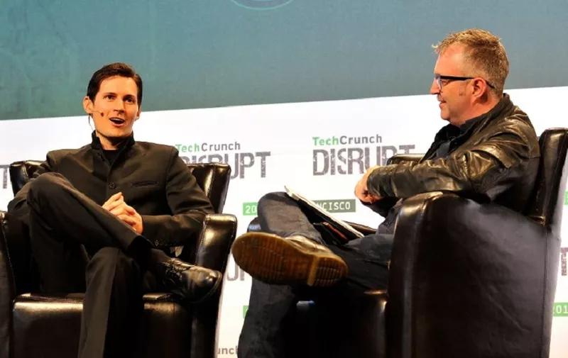 SAN FRANCISCO, CA - SEPTEMBER 21: Pavel Durov, CEO and co-founder of Telegram speaks onstage with moderator Mike Butcher during day one of TechCrunch Disrupt SF 2015 at Pier 70 on September 21, 2015 in San Francisco, California.   Steve Jennings/Getty Images for TechCrunch/AFP