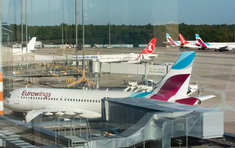 general view of Eurowings aircrafts are seen parked at Cologne &amp; Bonn airport in Cologne, Germany on Oct 6, 2022 as flights canelled as Eurowings piolots go on strike.
Eurowings Pilots Go On Strike, Cologne, Germany - 06 Oct 2022,Image: 728572727, License: Rights-managed, Restrictions: , Model Release: no