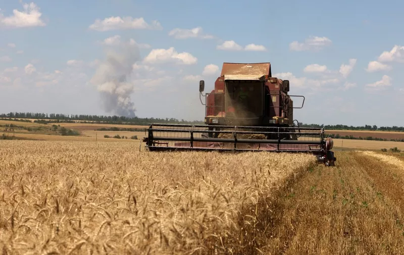 A combine harvests wheat on a field near Novosofiivka village, Mykolaiv region on July 4, 2023. Ukraine was one of the world's top grain producers, and the deal has helped soothe the global food crunch triggered by the conflict. Germany and Ukraine called on July 3, 2023 for the extension of a landmark deal that allows grain from Ukraine to reach the global market, which is set to expire soon. (Photo by Anatolii Stepanov / AFP)