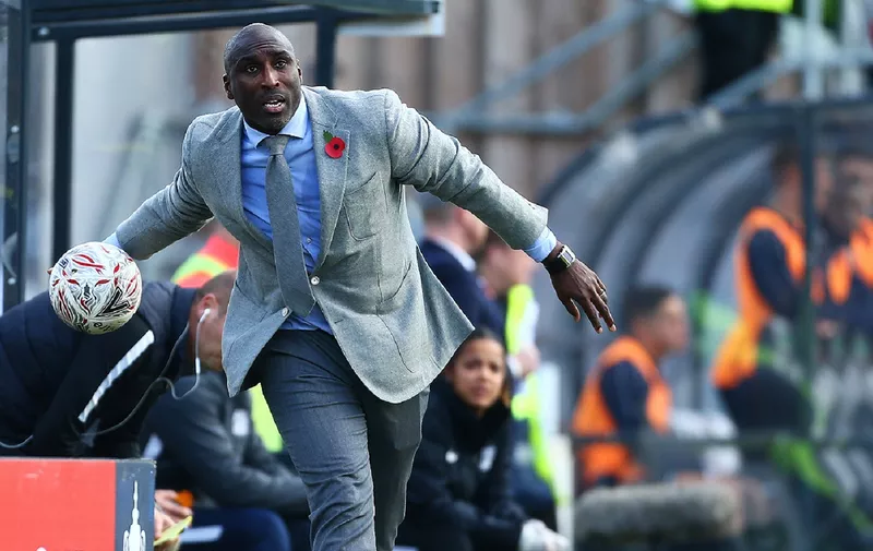 DOVER, ENGLAND - NOVEMBER 10:  Sol Campbell manager of Southend United throws the ball during the FA Cup First Round match between Dover Athletic and Southend United at Crabble Stadium on November 10, 2019 in Dover, England. (Photo by Jordan Mansfield/Getty Images)