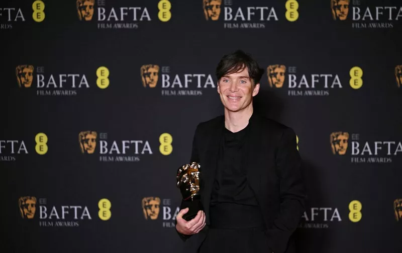 Irish actor Cillian Murphy poses with the award for Best leading actor for his role in "Oppenheimer" during the BAFTA British Academy Film Awards ceremony at the Royal Festival Hall, Southbank Centrer, in London, on February 18, 2024. (Photo by JUSTIN TALLIS / AFP)
