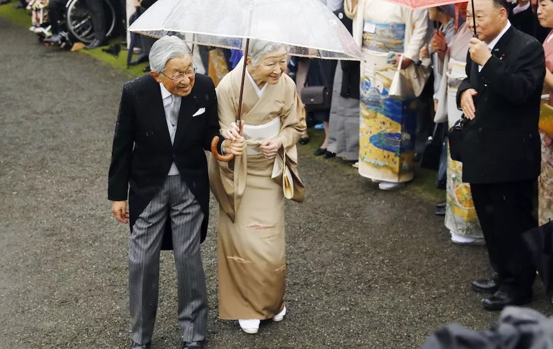 Japanese Emperor Akihito (L) and Empress Michiko attend an imperial garden party at the Akasaka Imperial Gardens in Tokyo on Nov. 9, 2018. The garden party was their last before an imperial succession next year. (Kyodo)
==Kyodo, Image: 394968306, License: Rights-managed, Restrictions: , Model Release: no, Credit line: Profimedia, Newscom