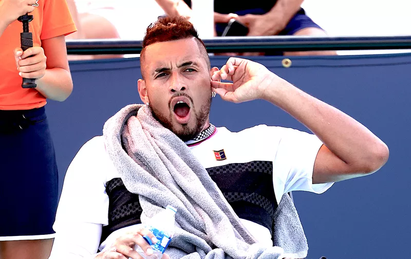 MIAMI GARDENS, FLORIDA - MARCH 26:  Nick Kyrgios of Australia reacts between games in his match against Borna Coric of Croatia during day 9 of the Miami Open presented by Itau at Hard Rock Stadium on March 26, 2019 in Miami Gardens, Florida. (Photo by Al Bello/Getty Images)