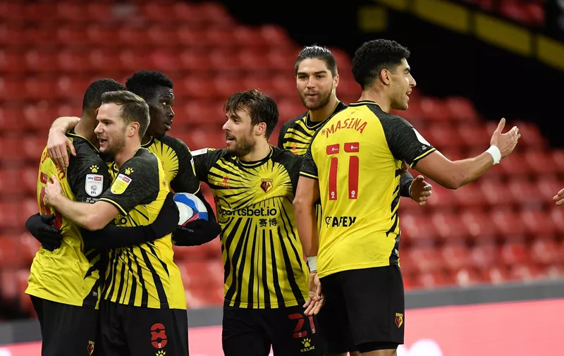 Watford v Huddersfield Town Sky Bet Championship Joao Pedro of Watford FC gets mobbed by team mates celebrating his first goal during the Sky Bet Championship match at Vicarage Road, Watford PUBLICATIONxNOTxINxUKxCHN Copyright: xSamxBibbyx FIL-15029-0025