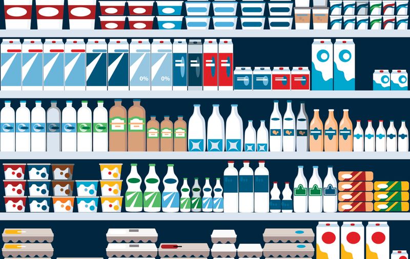 Grocery store shelves with dairy products display, vector background, EPS 8, no transparencies