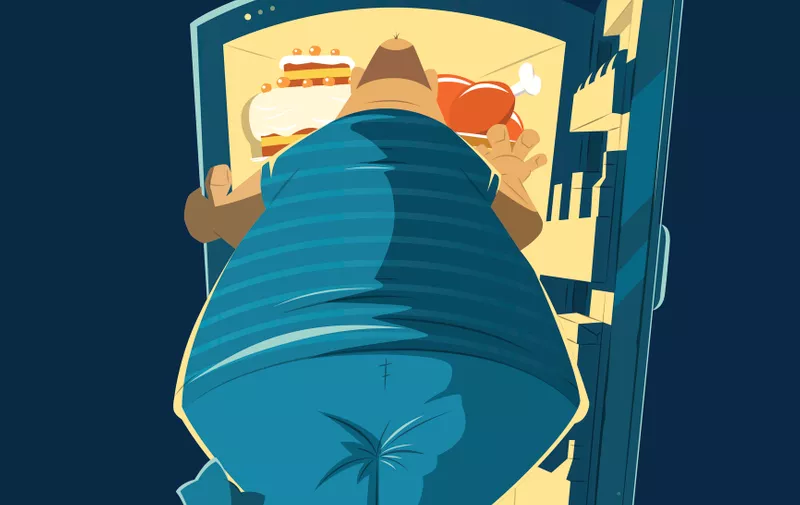 Fat hungry man and open night fridge. Color vector illustration.
