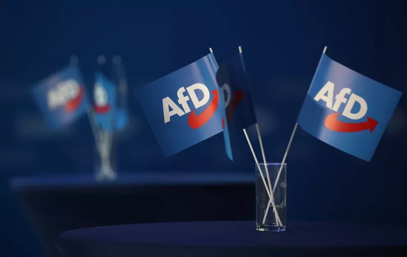 Flags with the logo of far-right Alternative for Germany (AfD) party are pictured at the event location "La Festa" where the AfD hold their electoral in an eastern district of Berlin on September 26, 2021 after the German general elections. (Photo by Ronny HARTMANN / AFP)