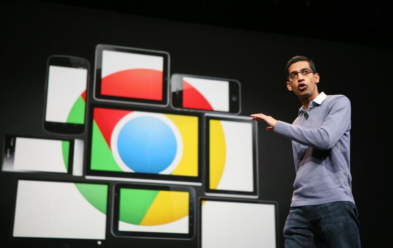 Sundar Pichai, senior vice president of Chrome, speaks at Google's annual developer conference, Google I/O, in San Francisco on June 28, 2012. AFP PHOTO/Kimihiro Hoshino        (Photo credit should read KIMIHIRO HOSHINO/AFP/GettyImages)