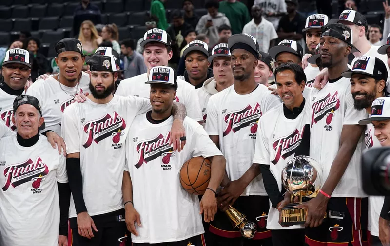 May 29, 2023; Boston, Massachusetts, USA; The Miami Heat celebrates on the podium defeating the Boston Celtics in game seven of the Eastern Conference Finals for the 2023 NBA playoffs at TD Garden. Mandatory Credit: David Butler II-USA TODAY Sports