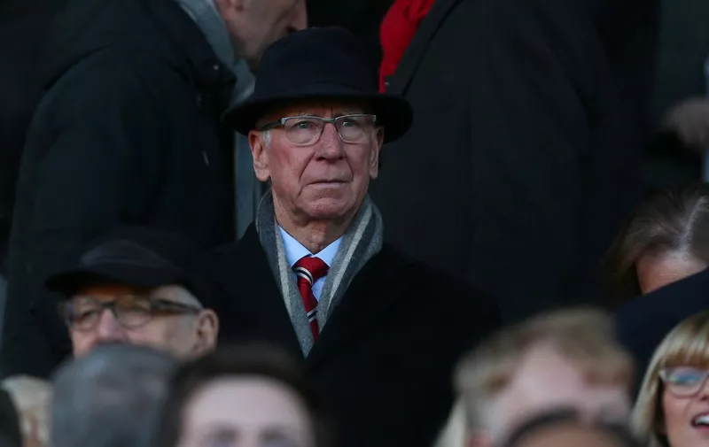 Sir Bobby Charlton watches in the stands during the English championship Premier League football match between Manchester United and Leicester on January 31, 2015 at Old Trafford stadium in Manchester, England. Photo Kieran McManus / Backpage Images / DPPI (Photo by KIERAN McMANUS / BACKPAGE IMAGES Ltd / DPPI via AFP)