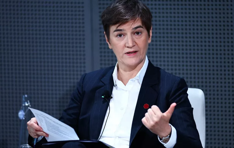 Serbia's Prime Minister Ana Brnabic speaks on stage during the morning session of the Western Balkans Summit on February 26, 2024 at the European Bank for Reconstruction and Development (EBRD) headquaters in London. Six Prime Ministers from the Western Balkans countries will attend the Western Balkans Summit on February 26, 2024 at the European Bank for Reconstruction and Development headquaters. The aim of the Summit is to highlight potential investment and business opportunities in the Western Balkans and to promote regional and cross-border projects. (Photo by HENRY NICHOLLS / AFP)