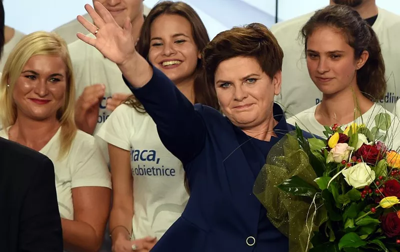 Beata Szydlo, candidate for prime minister of the conservative opposition Law and Justice (PiS) celebrates with supporters at the party's headquarters in Warsaw after exit poll results were announced on October 25, 2015. Poland's conservative Law and Justice (PiS) party  won an absolute majority in the general election, public broadcaster TVP projected, a victory that would end eight years of centrist rule. An exit poll showed the PiS picked up 242 out of 460 seats in the lower house of parliament, ousting the governing Civic Platform (PO) liberals who had 133 seats.announcing the first unofficial results of the general election in Poland on October 25, 2015. AFP PHOTO/JANEK SKARZYNSKI   ALTERNATIVE CROP
