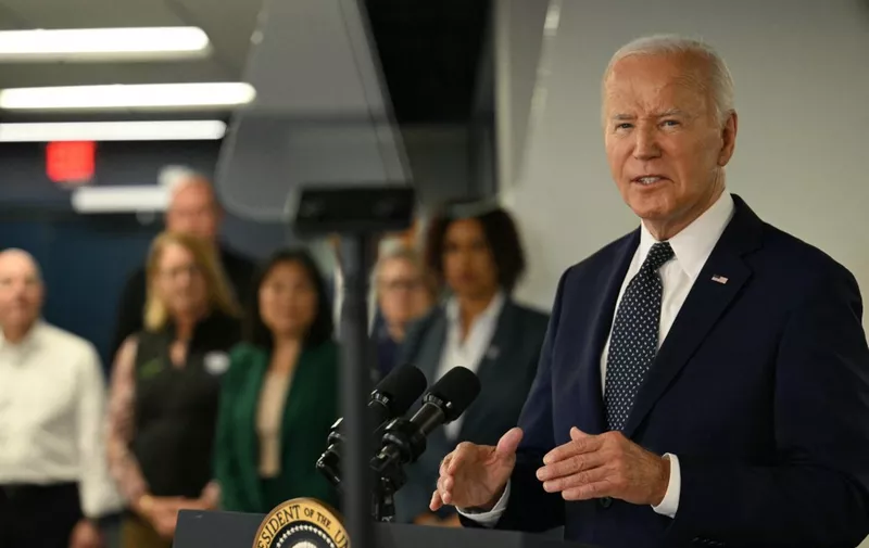 US President Joe Biden speaks about extreme weather at the DC Emergency Operations Center in Washington, DC, July 2, 2024. (Photo by Jim WATSON / AFP)