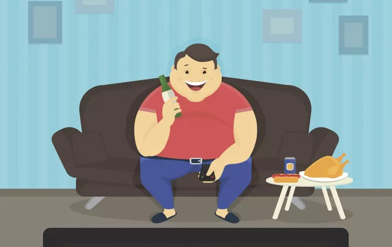 Fat man sitting at home on the sofa watching tv and drinking beer. Flat illustration of unhealthy lifestyle and resting at home